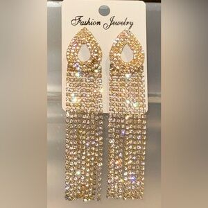 Gold and Crystal Teardrop Dangle Chandelier Earrings Fashion Jewelry 4” Long NWT